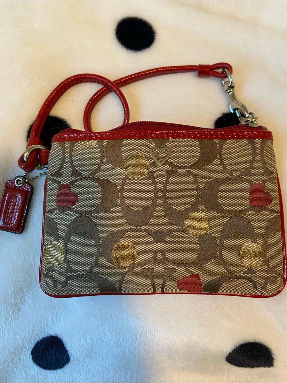 Coach Signature Canvas Small Wristlet with Red Trim and Gold Hearts